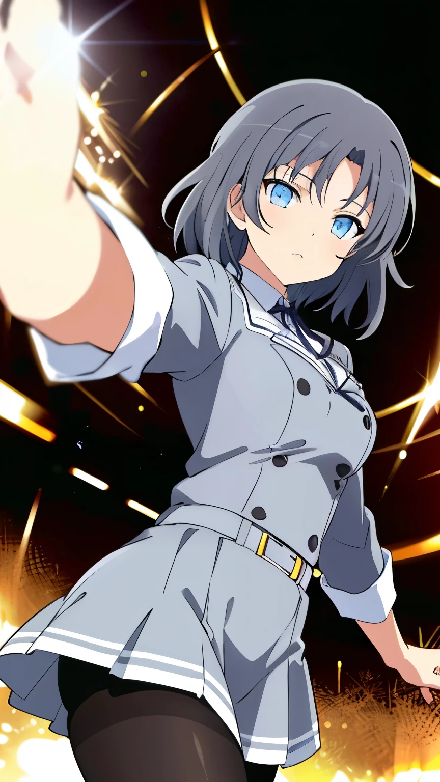 (masterpiece, best quality, high resolution, 8k:1.2), Anime coloring, yumi (senran kagura), 1girl, solo, grey hair, short hair, blue eyes, definition CG unity, Perfect lit, bright_front_face_lit,Super detailed, 8K, nffsw, High resolution, (absurd:1.2), kodak portrait 400, film grain, Lens flare, (lively_color:1.2), looking at the viewer, (cowboy shot:1.2), dynamic angle, school uniform, pantyhose,  