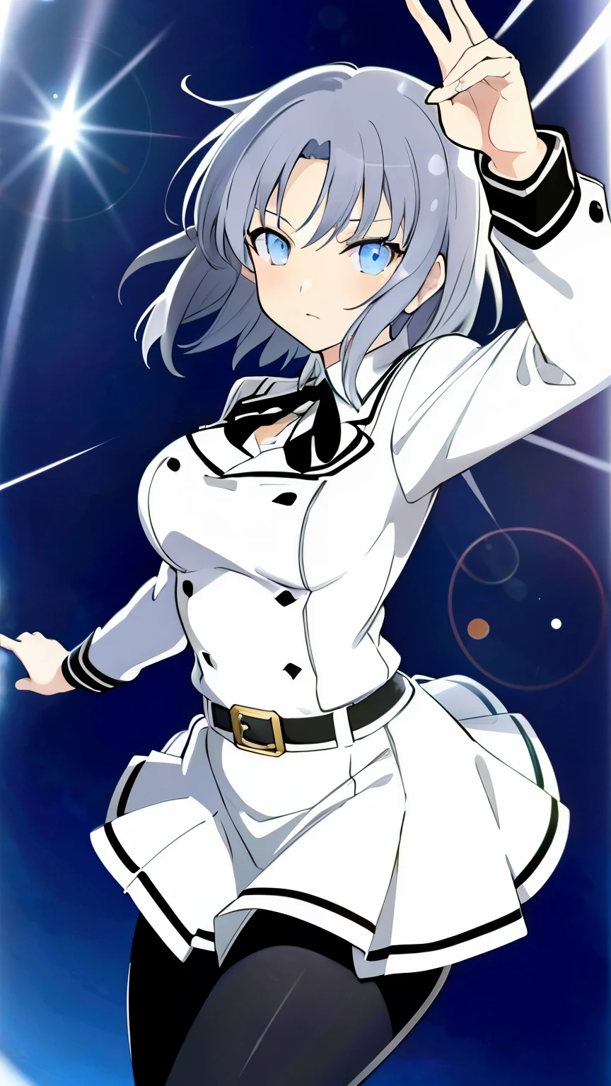 (masterpiece, best quality, high resolution, 8k:1.2), Anime coloring, yumi (senran kagura), 1girl, solo, grey hair, short hair, blue eyes, definition CG unity, Perfect lit, bright_front_face_lit,Super detailed, 8K, nffsw, High resolution, (absurd:1.2), kodak portrait 400, film grain, Lens flare, (lively_color:1.2), looking at the viewer, (cowboy shot:1.2), dynamic angle, school uniform, pantyhose,  