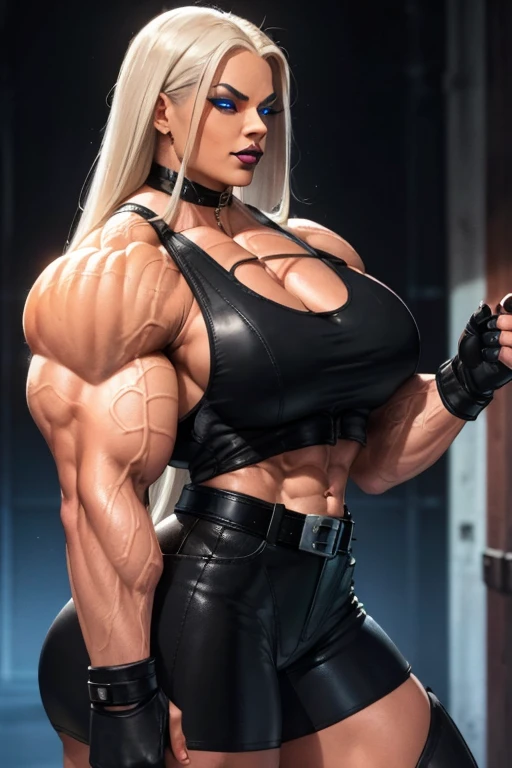 ((Close-up)), tall, (White hair) beautiful muscular woman, long straight hair, brown skinned, closed smile, large breast, (black lipstick), (massive muscles), (hyper muscle), ((ginormous bulky muscles)), ((glowing blue eyes)), (((black leather tank top))), ((black leather shorts with belt)), (fingerless gloves), necktie, thigh highs boots, in a highway tunnel, 