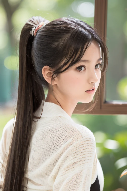 Nanashi Mumei, Owl Girl, Beautiful Girl, age 20, brown ponytail long hair, High nose, Sharp eyes, A noble and inviolable character, (([woman]: 1.2 + [beauty]: 1.2 + Long black hair: 1.2)), floating paper bag friend, background, Bright Eyes, Dynamic angles and postures, wallpaper. feather hair ornament, tree house background