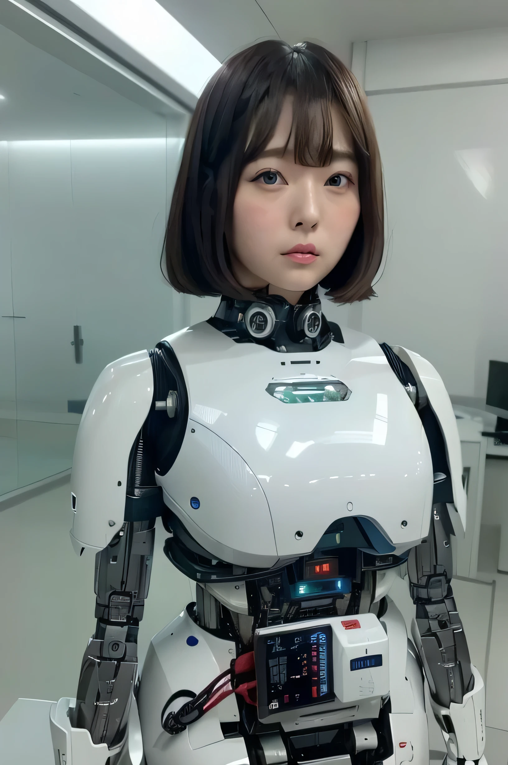 masterpiece, best quality, extremely detailed, Japaese android girl,portrait,Plump,a bit chubby,control panels,android,Droid,Mechanical Hand, Robot arms and legs, Black hair,Blunt bangs,perfect robot girl,long tube,thick cable connected her neck,android,robot,humanoid,cyborg,japanese cyborg girl ,robot-assembly plant,She is assembling now,assembly scene,blue eyes,chest monitor,hypnosis,blank eyes,She is exhibits,museum hall,
