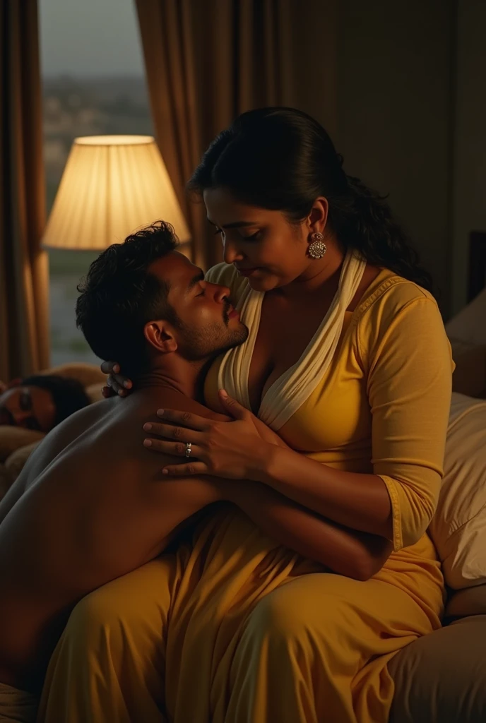 a 50-year-old shirtless man affectionately hugging and kissing aradiant, full-figured South Indian plus-sized 30 year old teacher wearing a blue silky saree in bed room, captured in a full-body image with vibrant hues and meticulous details. Full body image