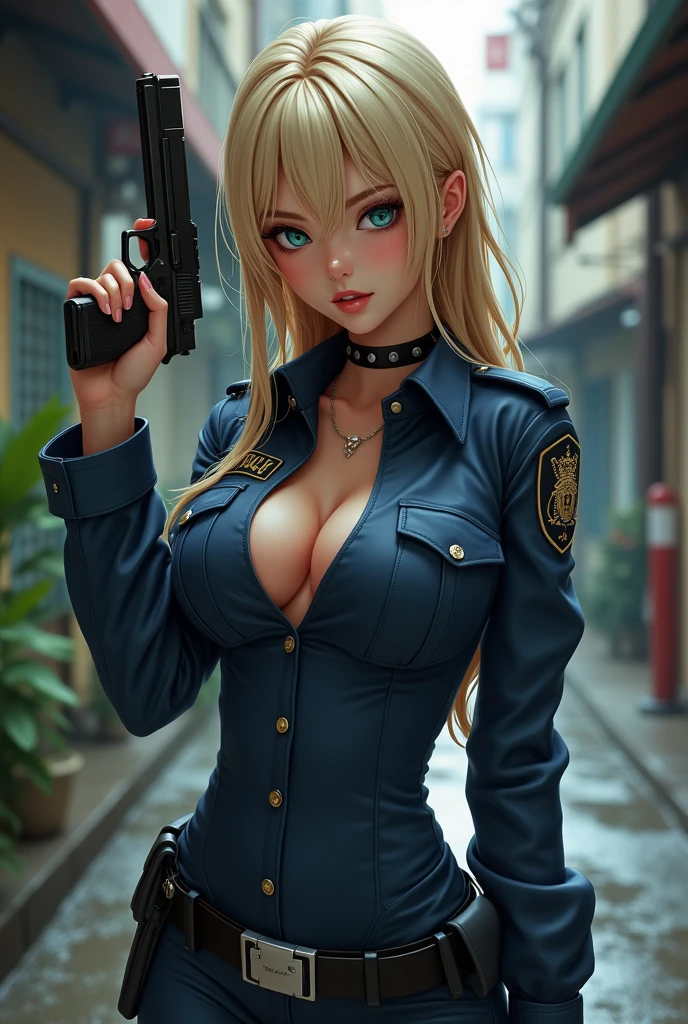(Real Photo、Highest quality、High-definition image quality1:2)、Female investigator、Blonde Short Hair、((Exquisite face、Perfect beauty、Well-formed face、Muscular body、Narrow waist、Long legs、Attractive body lines))、(leather jacket、Tight gray denim pants、Equipped on the belt、Gun Holster、Officer Badge、magazine、Baton)、(Holding a gun in your right hand、Pointing the gun at the front、Draw accurately down to the smallest detail:1.4)、investigation、Control、patrol、arrested、Rifle with scope、Avoid bullets、upper body, from below, milf, huge breasts, mature female, looking down at viewer, bedroom, beauty mark, sexly, naughty smile, Smug, casual clothes, sweater, jeans, open door, doorway, hanabi,(sharp focus:1.3),(clear line), ,(2 beautiful girl:1.3),beautiful detailed makeup, (beautifully detailed face:1.2), (beautiful detailed eyes:1.2), ,(bangs:1.3),(supermodel:1.3), (smile:1.3),(smile:1.3),(gravure pose:1.3),(happy:1.2),(glamorous goddes:1.4),(teeth:0.8), ,(large cleavage:1.2),navel ,(glamorous:1.3),slim waist,gleaming skin,( supermodel:1.3),(nubile),(large bosoms), ,(glamorous goddes:1.3) ,  ,(blond hair:1.3),(Blue eyes:1.3), ,(2 young asian lesbian schoolgirls:1.3), school uniform dress, virginkiller cutout, underboob, underboob, (2girls:1.3),( kissing and groping:1.3 ), sfw, ,vibrant colors, masterpiece, sharp focus, best quality, depth of field, cinematic lighting, sassy, stylish, mature woman,