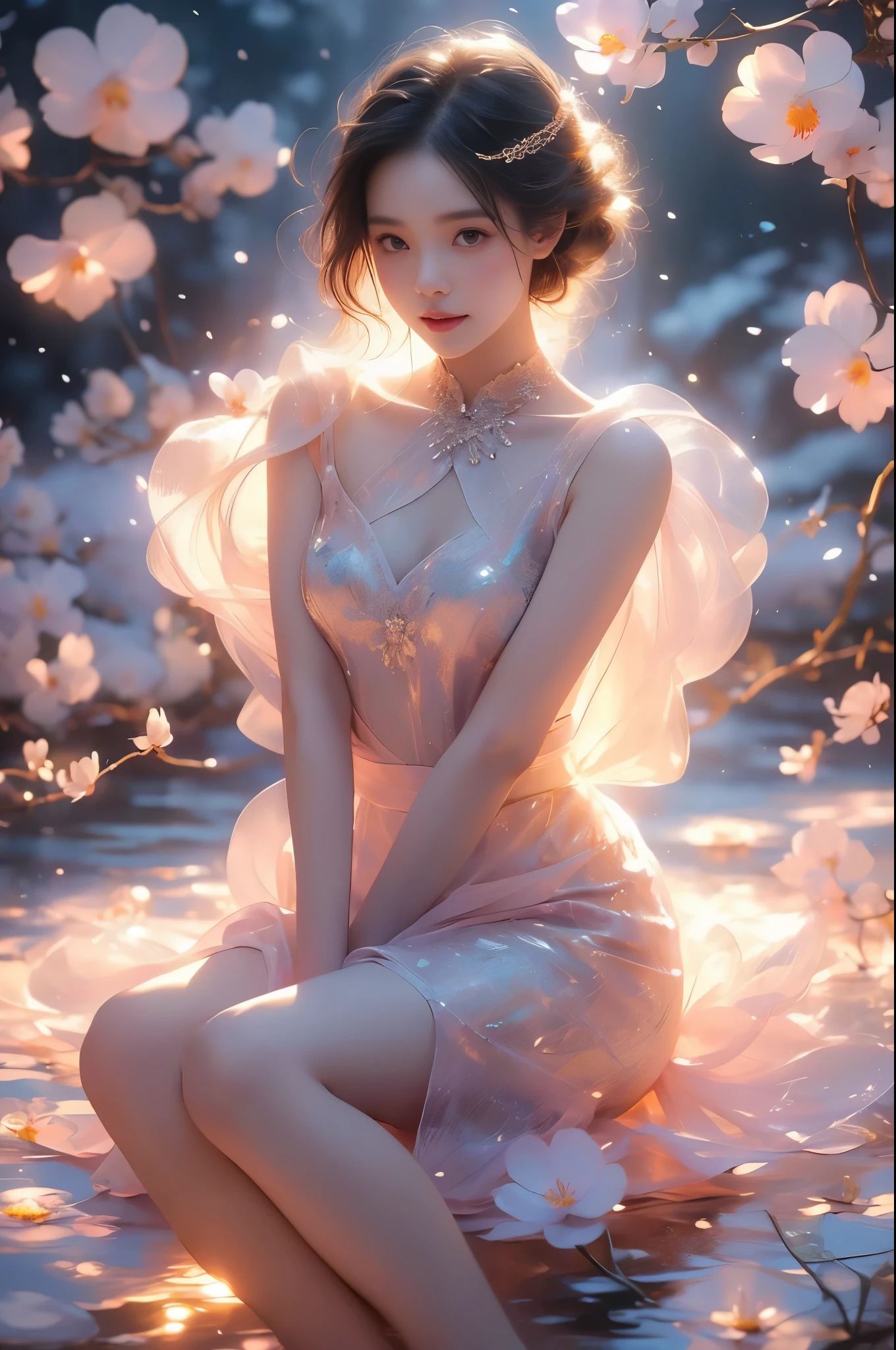 (Quality Improvement:1.4),1girl, ((Sitting)), ((在water池里戏water, Soaked)), ((water花飞溅, water滴, water流, water,流动的water,water,流动的water滴,飞溅的water喷,飞溅的water滴,water滴落,The beating waves,)), Elegant posture, ((Emphasize sexy long legs)), Full breasts,Visible cleavage,Sexy long legs,The skirt is short,((She gently lifted her skirt with one hand.)),Surrounded by white Phalaenopsis orchids,Lilac dendrobium、White Lily, Flying petals,(Top quality leather), Delicate face,Black Hair, Gradient hair, Body,(Body1.1), He has a precious gem on his forehead...., Excellent students,Long eyelashes,Smile, Surrealism, Movie Lighting, Projection Insert, Surrealism, Ultra HD, masterpiece,lie,Keep dreaming,Open your legs slightly.,Tattoo,Fantasy Space,Luxurious space,Exquisite makeup,blush,Shy expression