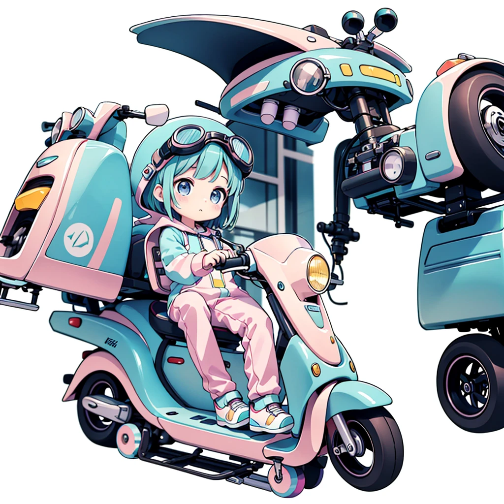 Perfect Anatomy、Highest quality、Masterpiece、Big goggles on your head、A cute, futuristic scooter in pastel colors、A cutely designed rider suit、White background、Poster