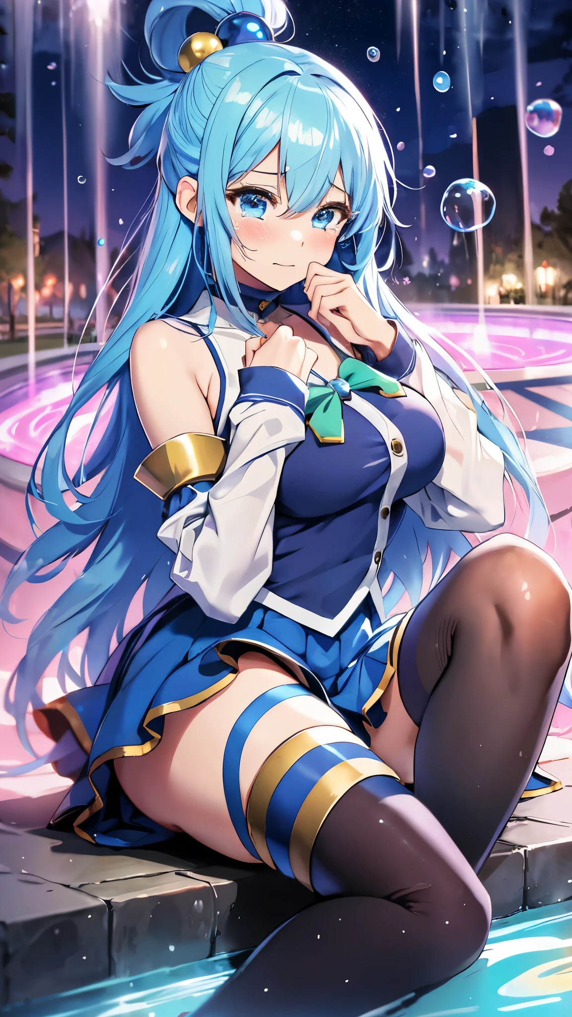 (Highly detailed fine touch:1.2), (Natural light, sun light, llight rays, dappled light, reflection, shadowy, Ray tracing:1.2), maturefemale, Hourglass body , masutepiece, Best Quality, Highly detailed , Aquakunsbu-KJ , Skirt , thighs thighs thighs thighs, Blue shirt , Detached sleeves, Thigh boots, Bow , (Smile , Open mouth:1.2) , Sitting , (under the water:1.4) , (Full Shot:1.2) , day