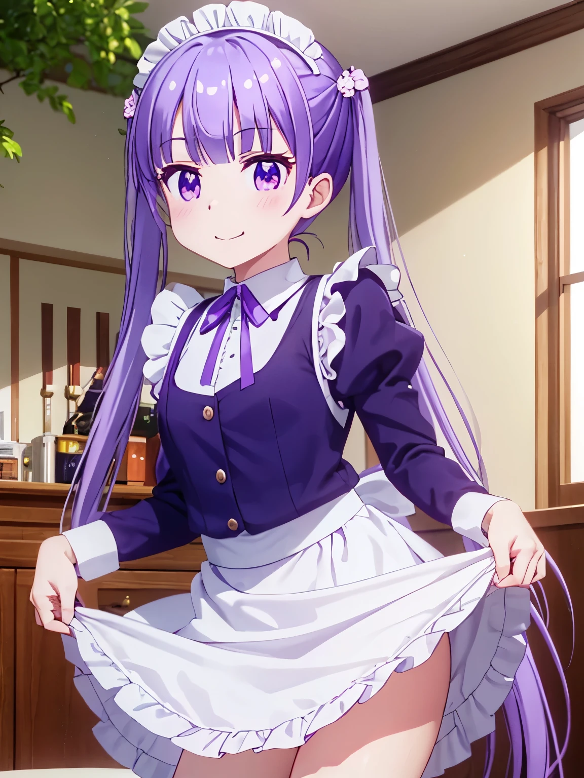 masterpiece, Highest quality、indoor、Standing、smile、Skirt lift up:1.5、Shooting from the front、cool breeze of green leaves, Eyebrow, hair ornaments, Long Hair, (Purple eyes:1.1), Purple Hair, Twin tails, smile, White shirt, 、Twin tails,8k images、Cute maid outfit、victorian maid outfit、Best Photos、Attractive eyes,Detailed eyes、Shining Eyes, Colorful eyes:1.25、Cowboy Shot、Beautiful thighs、