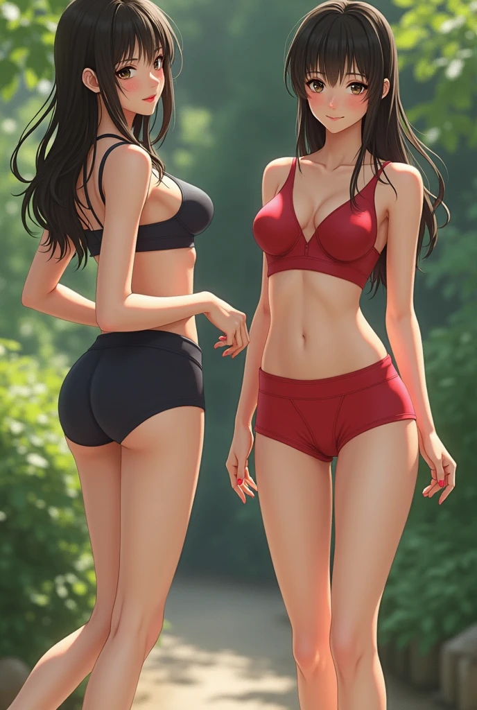 2girls, duo, twin sisters, teenagers, ((one brown haired girl, one blonde girl)), long hair, brown hair, blonde hair, curly hair, hazel eyes, looking at viewer, matching hairstyles, different hair colors, (((matching outfits, identical outfits, bikinis))), athletic