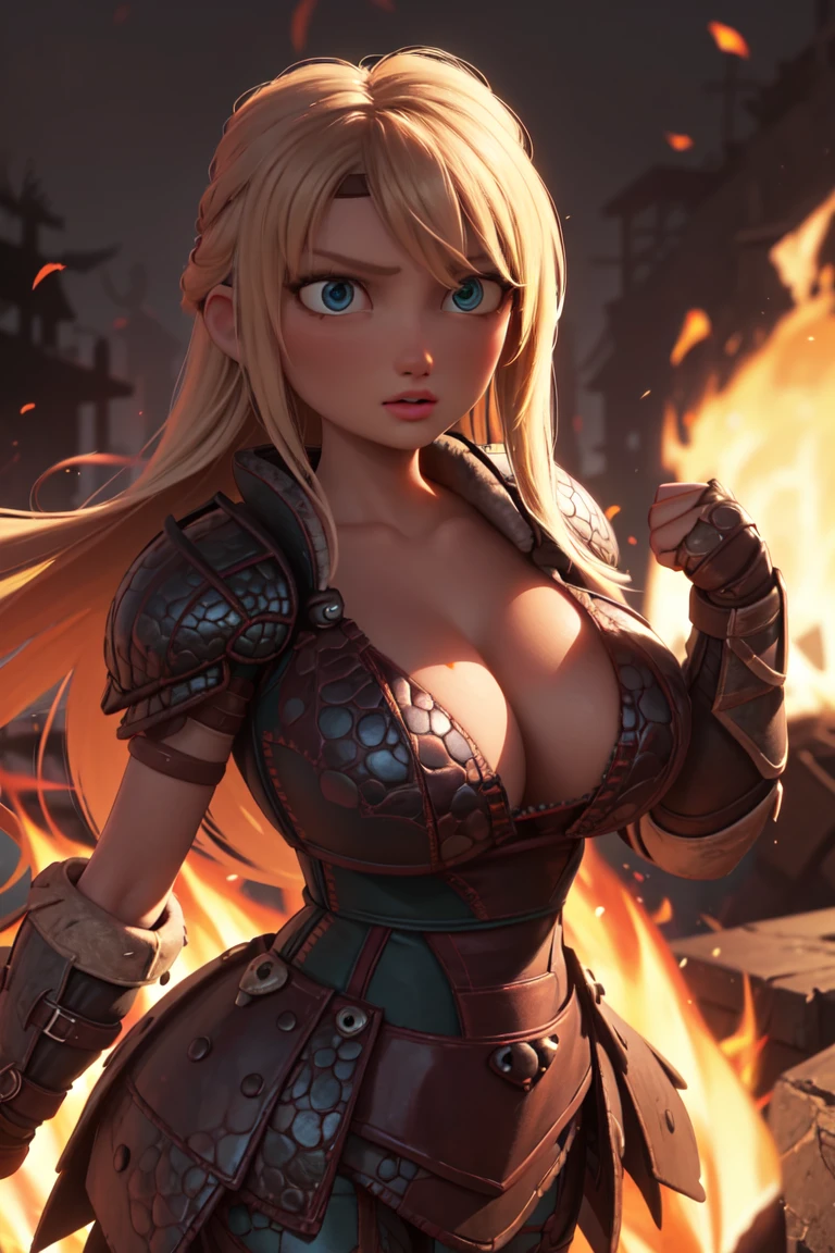 work of art, high qualiy, best qualityer, realisitic, face perfect, expressive eyes, Astrid Hofferson, 1 girl, standing alone, hair blonde, long hair, blue colored eyes, Bikini armors, Breasts huge, v-cut, V long neckline, voluptuous, zetai ryouiki, standing, holding gun, ax, (hand on fist), fire, Burning, embers, Flame, smoke, sparks, (tenebrosa, natta, tenebrosaness:1.3), Depth of field