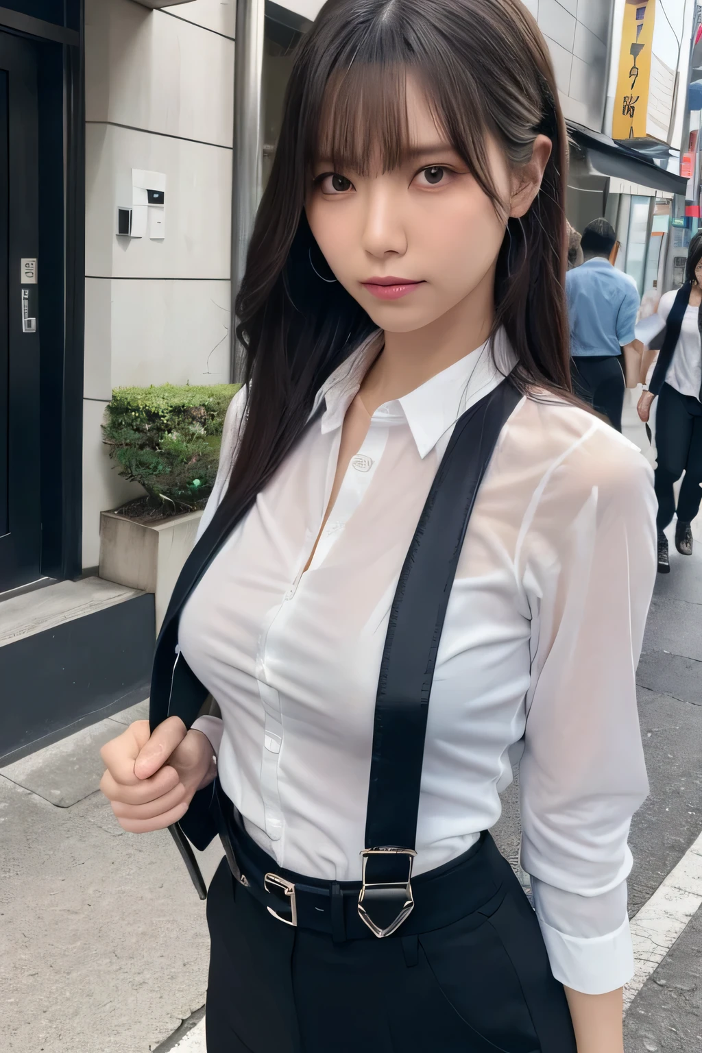 a woman in a suit, belt, hands behind back, sweating, suspenders, black pants, sexly, large breasts, see-through clothing, rain, detective, office worker, white button-up shirt, (best quality,4K,8k,highres,masterpiece:1.2),ultra-detailed,(realistic,photorealistic,photo-realistic:1.37),hyper-detailed,highly detailed face and body, Slender　thin　suspenders　Moderate breasts　See-through shirt　Nipples　holster　chain　Pistol　Armament　criminal　Female criminal　knife　japanese　profile　Japanese women　arrested handcuff　belt beside顔　beside
