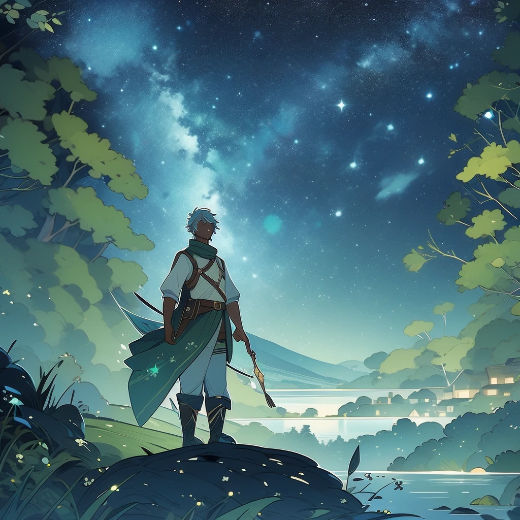 1 black man, short white hair, sky blue eyes. Gardener. Accessories. Leaves on the head, White sweater, sleeves at the elbows, cargo pants, belt with waist bag, putting on boots. Starry wings. Green branches with elongated leaves. Dark blue with green sparkles reminiscent of a starry night sky. detailed clothing. Starry forest. mystical atmosphere. peaceful and serene.