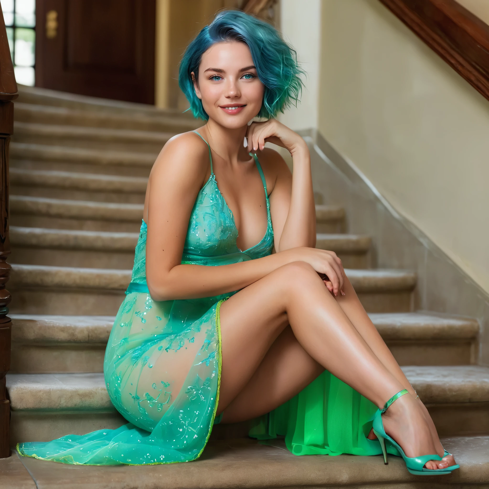 (((Woman, 20 Years Old, Nordic Ethnicity, short blue hair, perfect face, light freckles, Blue-Green Eyes))), ((sitting on a grand staircase, one leg extended and the other bent, with her body slightly leaning back)), (wearing a (((neon green))) flowing, elegant gown with a daring neckline). (((Holding a cup of coffee delicately with one hand, looking up with an inviting smile))), (((soft, warm lighting creating a dramatic effect on the staircase and her figure))), (opulent interior setting with intricate details). (((Color palette - turquoise, neon green, yellow shades))), (best quality, 8k, masterpiece, ultra-detailed, photorealistic, dramatic lighting, sharp focus).