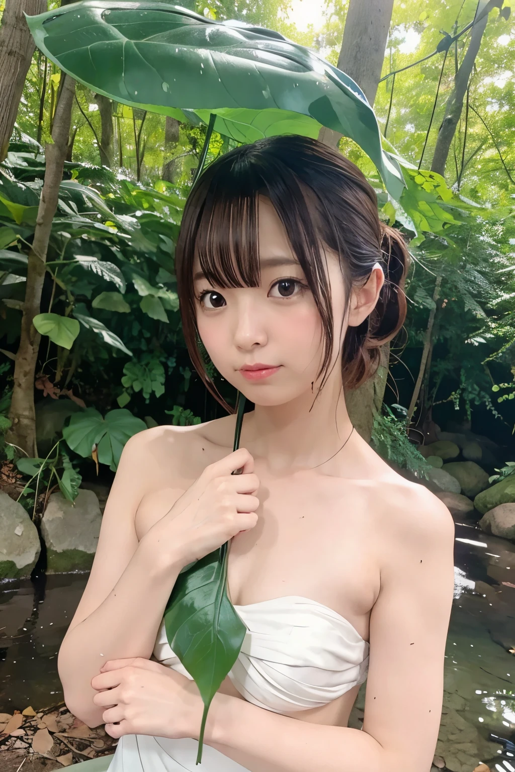 8K, RAW Photo, Best Quality, Masterpiece, Realistic, PhotoRealistic, Extremely Detailed 8K Wallpaper, Beautifully Detailed Eyes, Finely Detailed Face, 
 BREAK 
Cinematic Lighting, 
 BREAK 
Intense Raining Dark Forest:1.2, 
 BREAK 
Perfectly Anatomically Correct:1.1, 5 Beautiful Thin Finger:1.0, 
 BREAK 
1 Girl, Topless:1.3, 
(((Leaf is Attached on 1 Nipple:1.2, 1 Nipple Covered by 1 Hand:1.2))), 
(leaf umbrella:1.3), 
Very Short Ponytail Hair:1.2, Symmetrical Clear Eyes:1.0, Captivating Eye Reflections:1.0, 
(Kawaii), (Chocolate Color Eyes), Wide-Set Eyes, Tareme, Embarrassed, (Round Face, Round Chin), 
Wet Hair, High-teen, [Japanese], 
[[Upward Facing Small Breasts:1.0, Curvy Thighs:1.0]], 
Looking Up Viewer, Lean back, 
 BREAK 
SFW:1.0, 
 BREAK 
Bust Up Shot, POV Shot