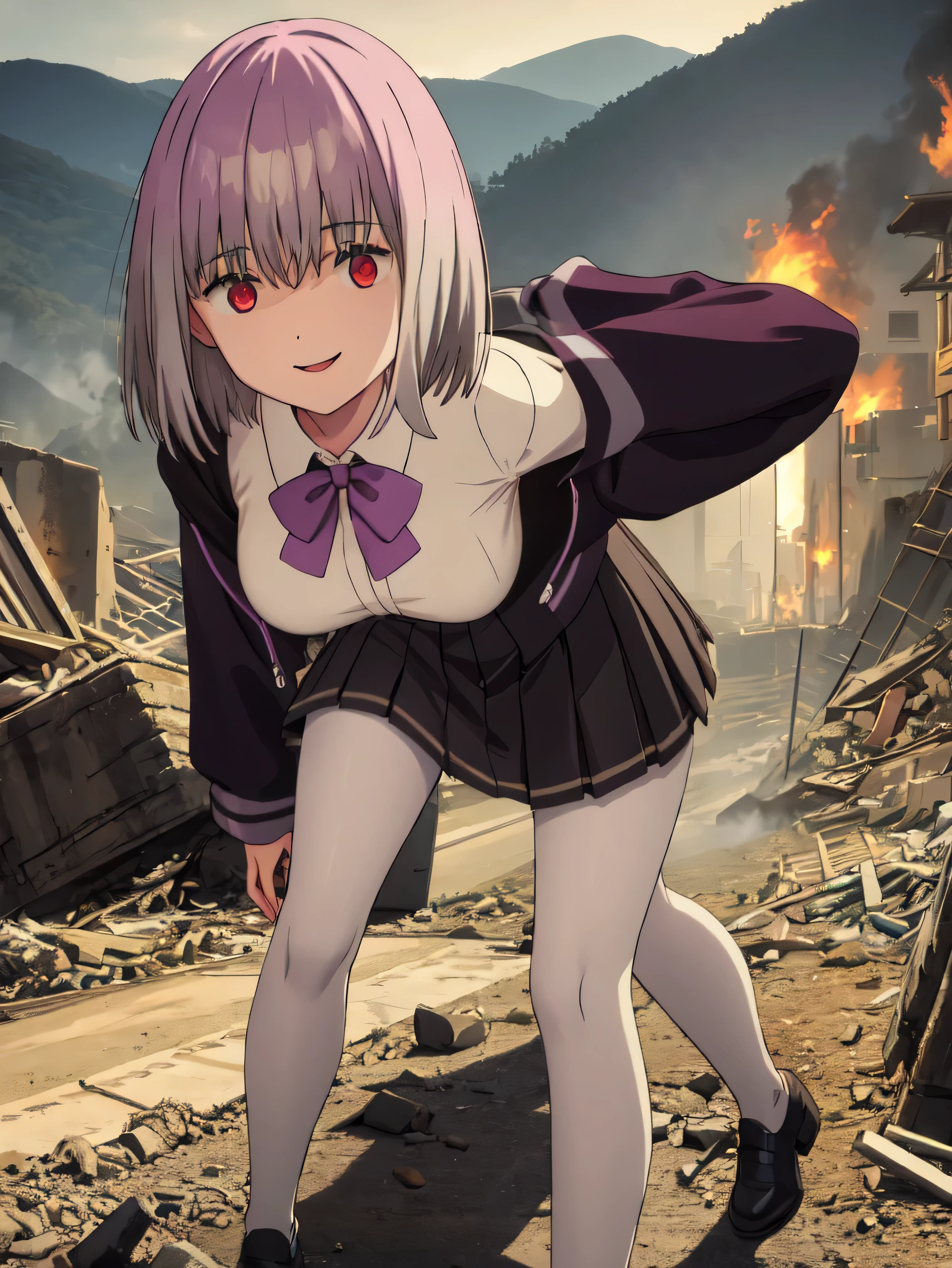 male, short hair, Red eyes, Large Breasts, Purple bow tie, Collared shirt, White shirt, Purple Jacket, Partially defrosted, Long sleeve, Sleeves are longer than the wrist, Pleated skirt, Black Skirt, pantyhose,  Waist clothes, night, dark, , Shine, Backlight, Open your mouth, Leaning forward, , , Hollow Eyes, masterpiece, Highest quality, High resolution, Nice hands, Perfect hands, Cowboy Shot,Too evil smile,Smile is the worst,Looking down at the viewer,Smile at its worst,Dark shadowed face,Smile face,Big monster background,both hands,Five Fingers,Two legs,, Dark shadowed face,Sadistic smile,Malice,Contempt,smile,both hands,Two legs,Five Fingers,solo,Decorated with skulls. background, A mountain of skulls beneath,Standing on the rubble,Burning cityscape,