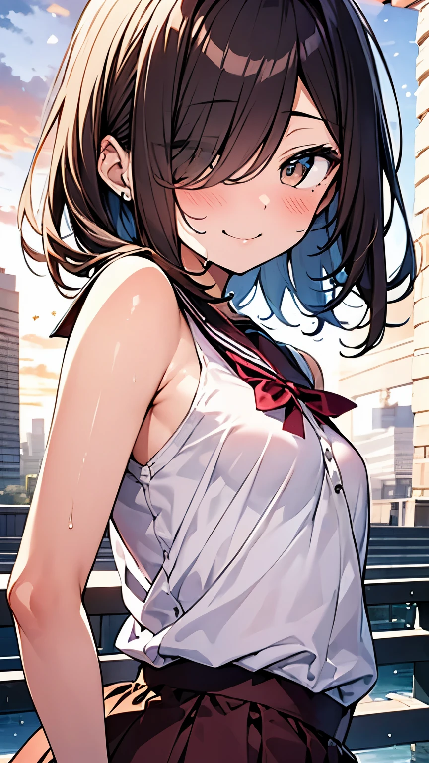 Let's think step by step,Highest quality、masterpiece、 Ultra-high resolution 、8k、Show anime style 、Soft Line Art、Digital Enhancement、 shojo anime touch, shojo manga core, Flowing fabric、Soft Drawing、 Ultra-Definition Digital Anime Art、 Clear facial depiction、Super detailed girl cartoon character art、 Ultra-detailed manga style、 Highest qualityの色、
1People Girls、(Brown hair short cut)、Wet Hair、Beautiful brown hair、Perfect Face、Cute and symmetrical face、Shiny skin、Friendly face、Clear brown eyes、Slightly chubby、Small breasts、buttocks are small、(((Teasing Smile、Close one eye)))、
Wearing a sleeveless shirt and a flared skirt、Front shot。Clouds in the sky、Warm and soft sunset、happiness!