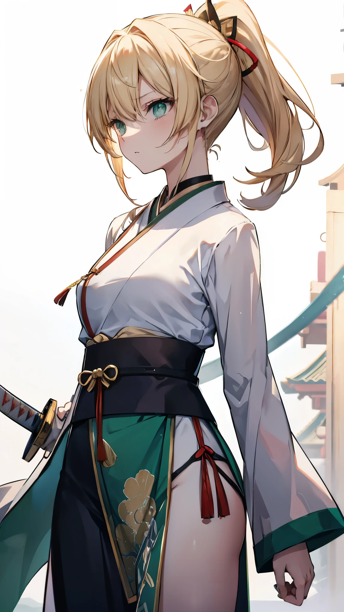 ,Highest quality,Blonde,Green Eyes,ponytail,Chinatown,Qipao,Japanese sword,sword,slender,