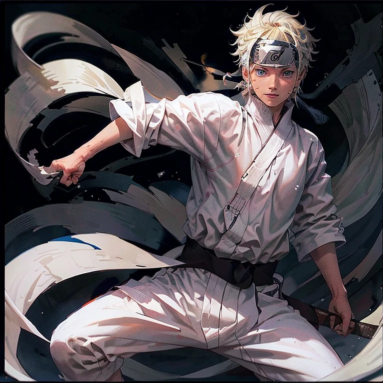 Naruto: Namikaze Uzumaki, ((cabello rubio y blue eyes)). dressed in white karate uniform., white pants, black belt around the waist, in karate stance, smiling and challenging face, by rubio, blue eyes, in a dojo, standing, Whole body, muscular, cast shadow, atmospheric perspective, to flourish, 8k, Super detail, necessary, Best Quality, HD, anatomically correct, textured skin, high quality, High resolution, Best Quality (alone)
