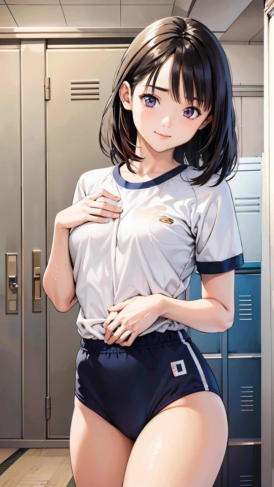  (Three Girls)、(locker room),、smile、The men are laughing、、short hair、They hesitate,、Wet Hair,  Underarm, Center of chest, Realistic butt crack , (High color saturation:1.0),  (Very detailed肌), (Highest quality:1.0), (Ultra-high resolution:1.0) ,(Realistic:1.0), (Very detailed:1.0), (8k, RAW Photos:1.1)、Center of chest、Spread your legs、Yoshizuki Iori、running、Old Japanese Gym Uniform、(Front view)