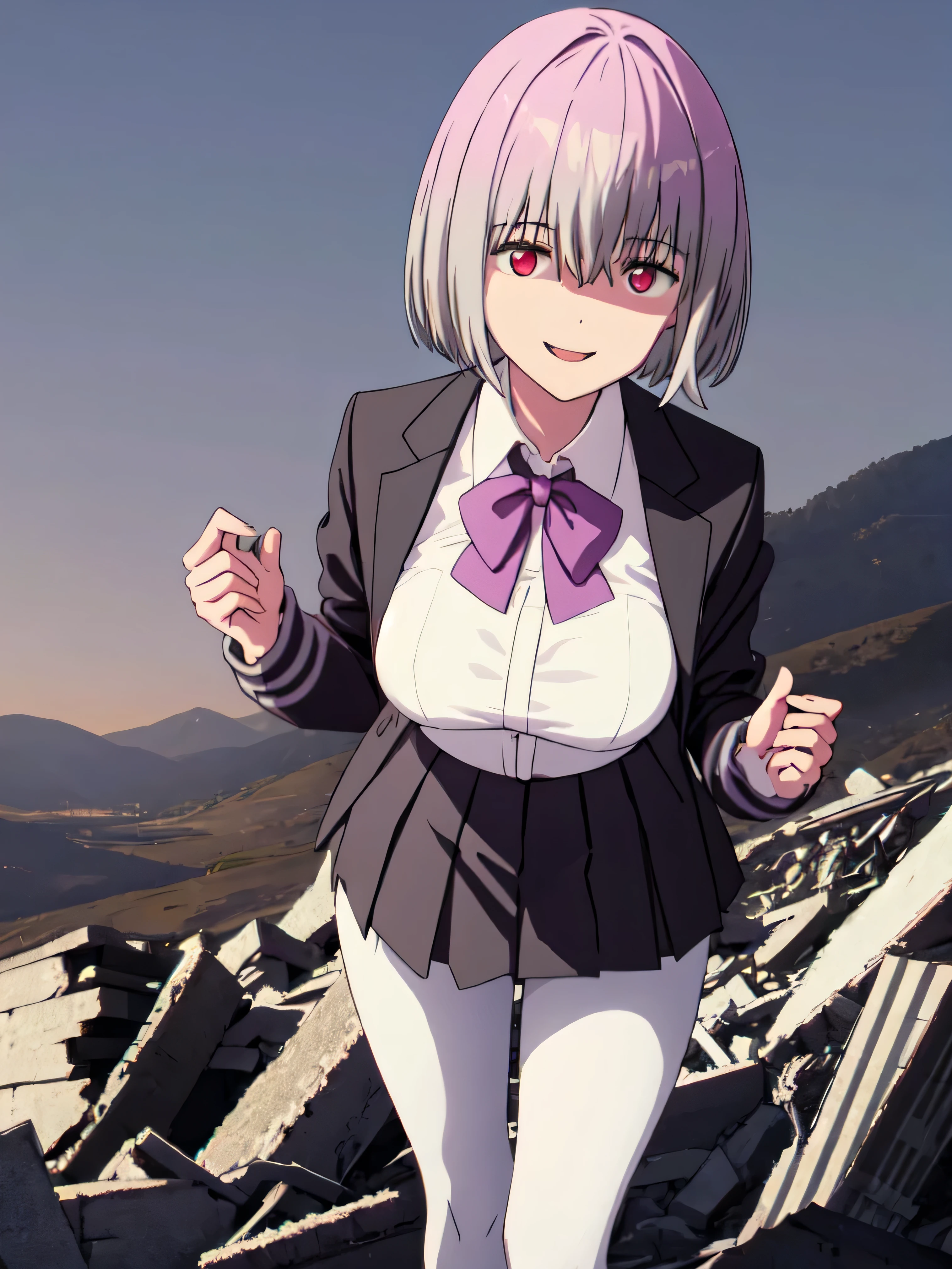 male, short hair, Red eyes, Large Breasts, Purple bow tie, Collared shirt, White shirt, Purple Jacket, Partially defrosted, Long sleeve, Sleeves are longer than the wrist, Pleated skirt, Black Skirt, pantyhose,  Waist clothes, night, dark, , Shine, Backlight, Open your mouth, Leaning forward, , , Hollow Eyes, masterpiece, Highest quality, High resolution, Nice hands, Perfect hands, Cowboy Shot,Too evil smile,Smile is the worst,Looking down at the viewer,Smile at its worst,Dark shadowed face,Smile face,Big monster background,both hands,Five Fingers,Two legs,, Dark shadowed face,Sadistic smile,Malice,Contempt,smile,both hands,Two legs,Five Fingers,solo,Decorated with skulls. background, A mountain of skulls beneath,Standing on the rubble,Burning cityscape,