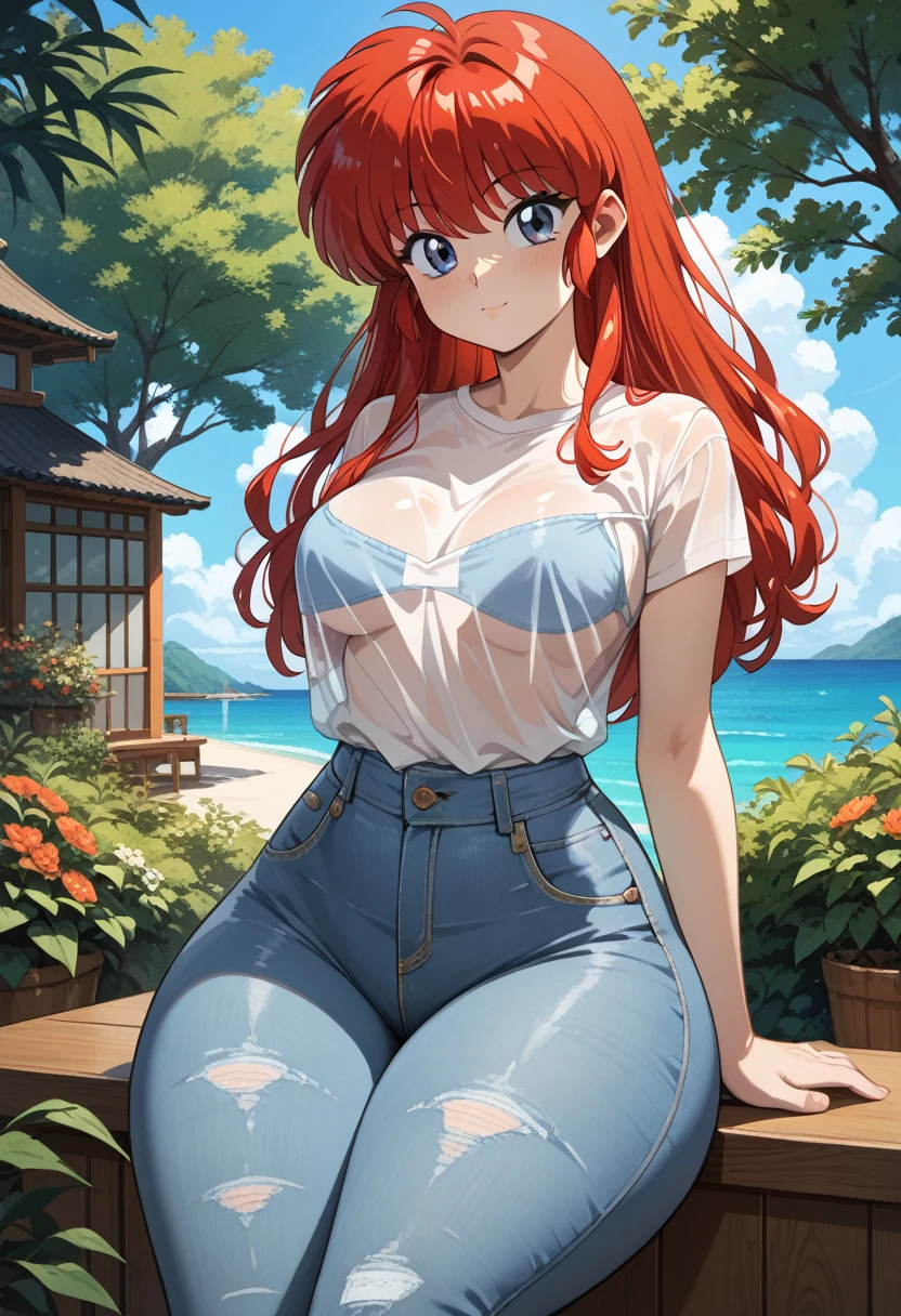 anime girl 26 years old white swimsuit navy blue denim pants urban landscape red hair brown eyes with cat on the shoulder and umbrella