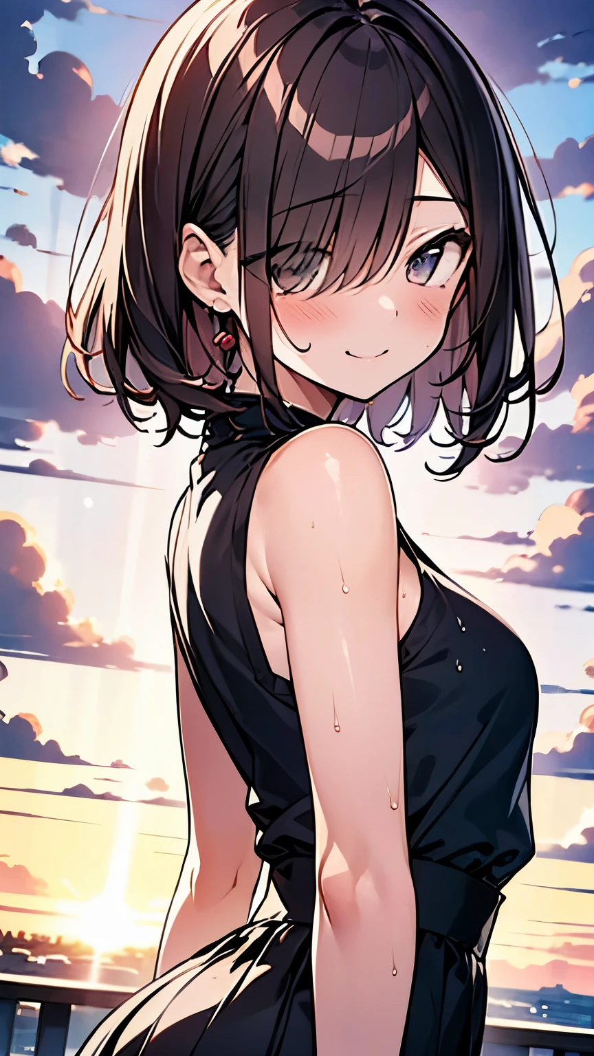 Let's think step by step,Highest quality、masterpiece、 Ultra-high resolution 、8k、Show anime style 、Soft Line Art、Digital Enhancement、 shojo anime touch, shojo manga core, Flowing fabric、Soft Drawing、 Ultra-Definition Digital Anime Art、 Clear facial depiction、Super detailed girl cartoon character art、 Ultra-detailed manga style、 Highest qualityの色、
1People Girls、(Brown hair short cut)、Wet Hair、Beautiful brown hair、Perfect Face、Cute and symmetrical face、Shiny skin、Friendly face、Clear brown eyes、Slightly chubby、Small breasts、buttocks are small、(((Teasing Smile、Close one eye)))、
Wearing a sleeveless shirt and a flared skirt、Front shot。Clouds in the sky、Warm and soft sunset、happiness!
