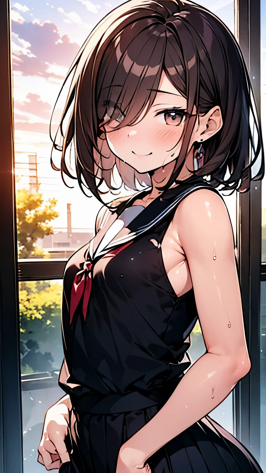 Let's think step by step,Highest quality、masterpiece、 Ultra-high resolution 、8k、Show anime style 、Soft Line Art、Digital Enhancement、 shojo anime touch, shojo manga core, Flowing fabric、Soft Drawing、 Ultra-Definition Digital Anime Art、 Clear facial depiction、Super detailed girl cartoon character art、 Ultra-detailed manga style、 Highest qualityの色、
1People Girls、(Brown hair short cut)、Wet Hair、Beautiful brown hair、Perfect Face、Cute and symmetrical face、Shiny skin、Friendly face、Clear brown eyes、Slightly chubby、Small breasts、buttocks are small、(((Teasing Smile、Close one eye)))、
Wearing a sleeveless shirt and a flared skirt、Front shot。Clouds in the sky、Warm and soft sunset、happiness!