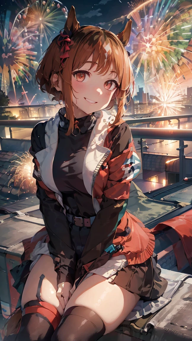 masterpiece, Highest quality, High resolution, Very detailed,(((Transcend))), (((Horse Girl))), (((smile))), (((Sitting far away))), (((rooftop))), (((night))), (((Red railing))), (((river))), (((firework)))