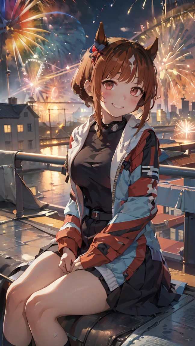 masterpiece, Highest quality, High resolution, Very detailed,(((Transcend))), (((Horse Girl))), (((smile))), (((Sitting far away))), (((rooftop))), (((night))), (((Red railing))), (((river))), (((firework)))