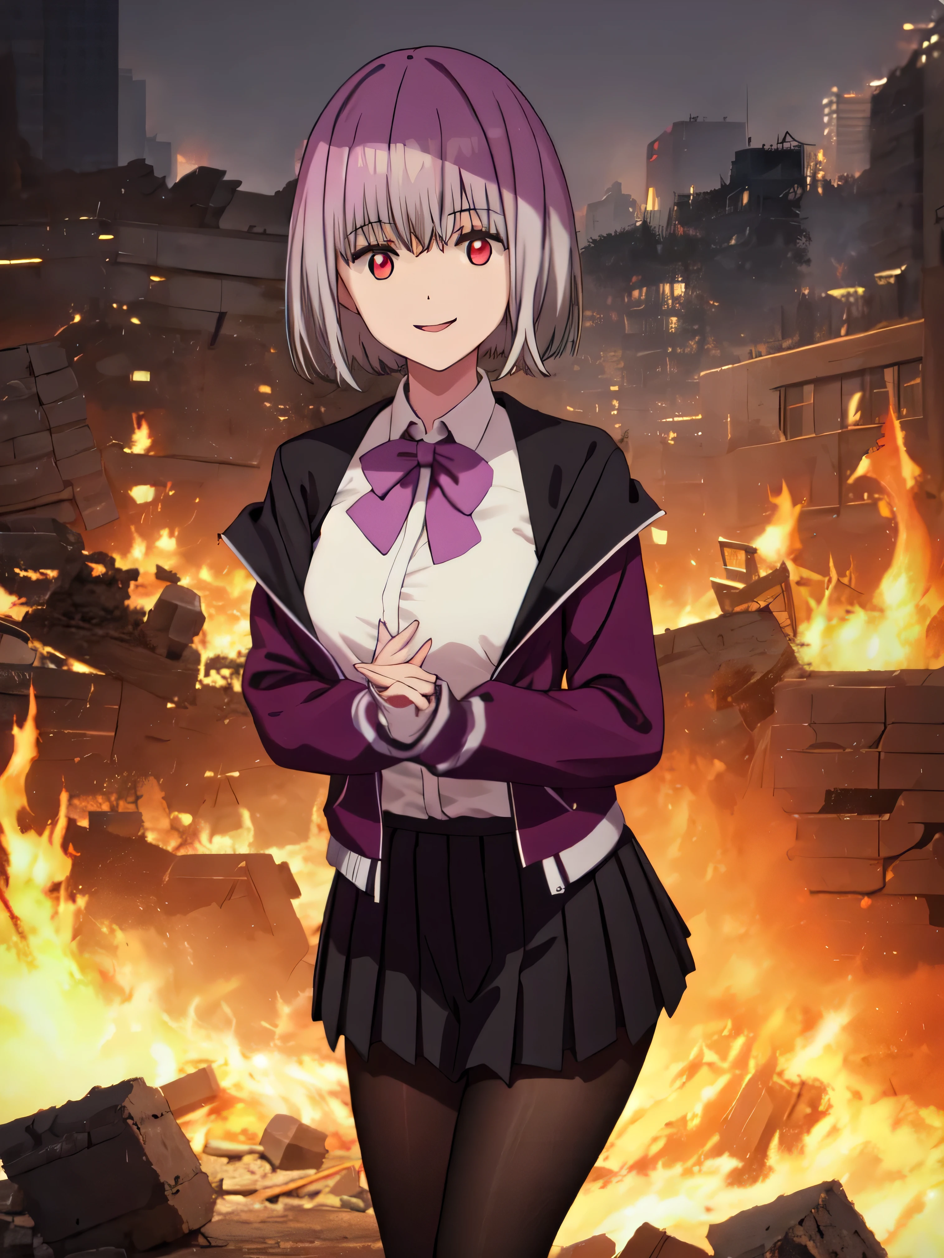 male, short hair, Red eyes, Large Breasts, Purple bow tie, Collared shirt, White shirt, Purple Jacket, Partially defrosted, Long sleeve, Sleeves are longer than the wrist, Pleated skirt, Black Skirt,Black Pantyhose,  Waist clothes, night, dark, , Shine, Backlight, Open your mouth, Leaning forward, , , , masterpiece, Highest quality, High resolution, Nice hands, Perfect hands, Cowboy Shot,Too evil smile,Smile is the worst,Looking down at the viewer,Smile at its worst,Dark shadowed face,Smile face,Big monster background,both hands,Five Fingers,Two legs,, Dark shadowed face,Sadistic smile,Malice,Contempt,smile,both hands,Two legs,Five Fingers,solo,Decorated with skulls. background, A mountain of skulls beneath,Standing on the rubble,Burning cityscape,