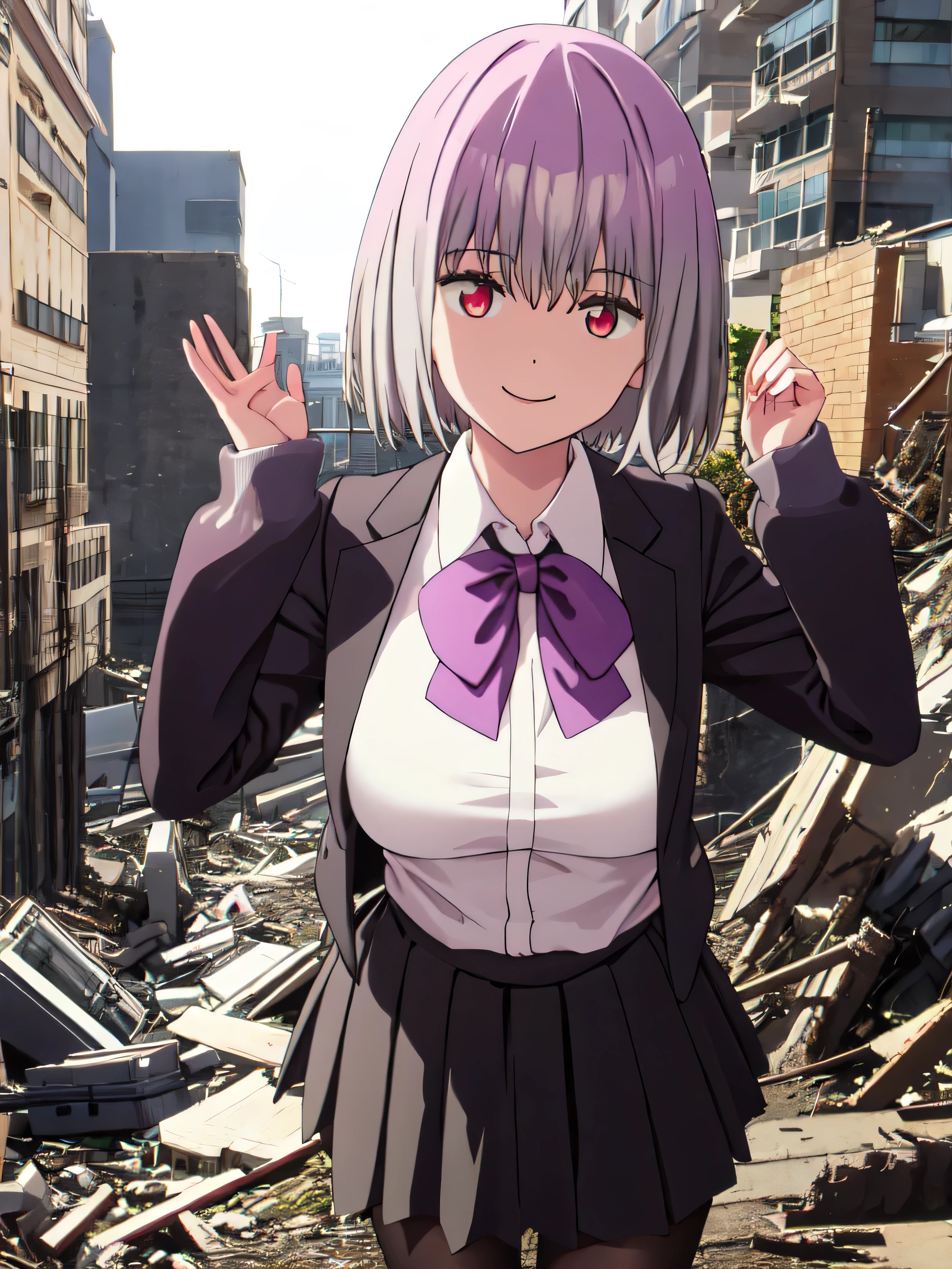 male, short hair, Red eyes, Large Breasts, Purple bow tie, Collared shirt, White shirt, Purple Jacket, Partially defrosted, Long sleeve, Sleeves are longer than the wrist, Pleated skirt, Black Skirt,Black Pantyhose,  Waist clothes, night, dark, , Shine, Backlight, Open your mouth, Leaning forward, , , , masterpiece, Highest quality, High resolution, Nice hands, Perfect hands, Cowboy Shot,Too evil smile,Smile is the worst,Looking down at the viewer,Smile at its worst,Dark shadowed face,Smile face,Big Monster Background,both hands,Five Fingers,Two legs,, Dark shadowed face,Sadistic smile,Malice,Contempt,smile,both hands,Two legs,Five Fingers,solo,Standing on the rubble,Burning cityscape,