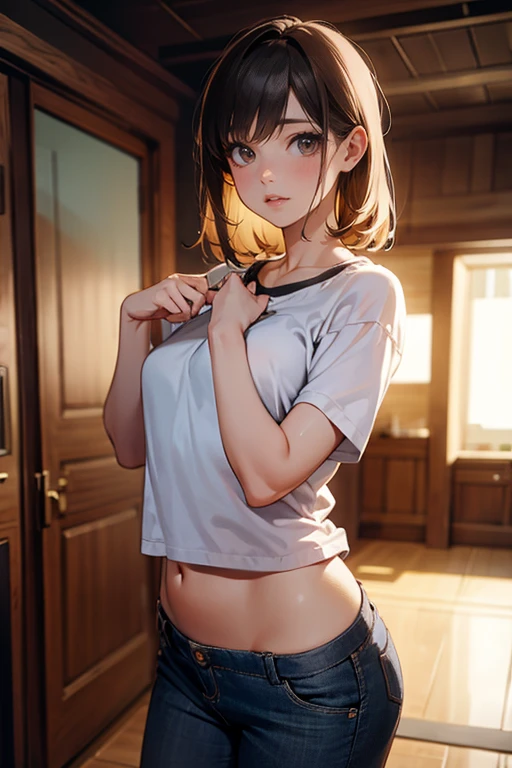 (((masterpiece) (((((Highest quality))))((high resolution))))), Very detailed, Ultra-realistic, )、、locker room、Open shirt、White Bra、白panties、Brown Hair、、、Change of clothes、((Expressionless))、From above.stand、Look away.((((Gaze Down))))、Do not look at the front、solo