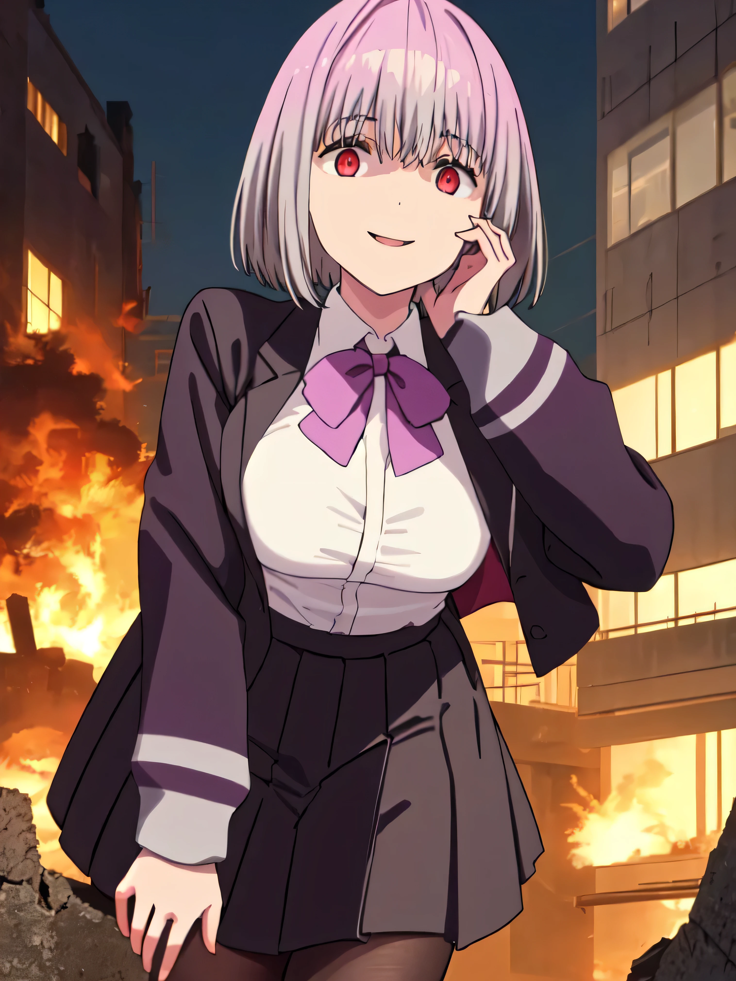 male, short hair, Red eyes, Large Breasts, Purple bow tie, Collared shirt, White shirt, Purple Jacket, Partially defrosted, Long sleeve, Sleeves are longer than the wrist, Pleated skirt, Black Skirt,Black Pantyhose,  Waist clothes, night, dark, , Shine, Backlight, Open your mouth, Leaning forward, , , , masterpiece, Highest quality, High resolution, Nice hands, Perfect hands, Cowboy Shot,Too evil smile,Smile is the worst,Looking down at the viewer,Smile at its worst,Dark shadowed face,Smile face,Big Monster Background,both hands,Five Fingers,Two legs,, Dark shadowed face,Sadistic smile,Malice,Contempt,smile,both hands,Two legs,Five Fingers,solo,Standing on the rubble,Burning cityscape,