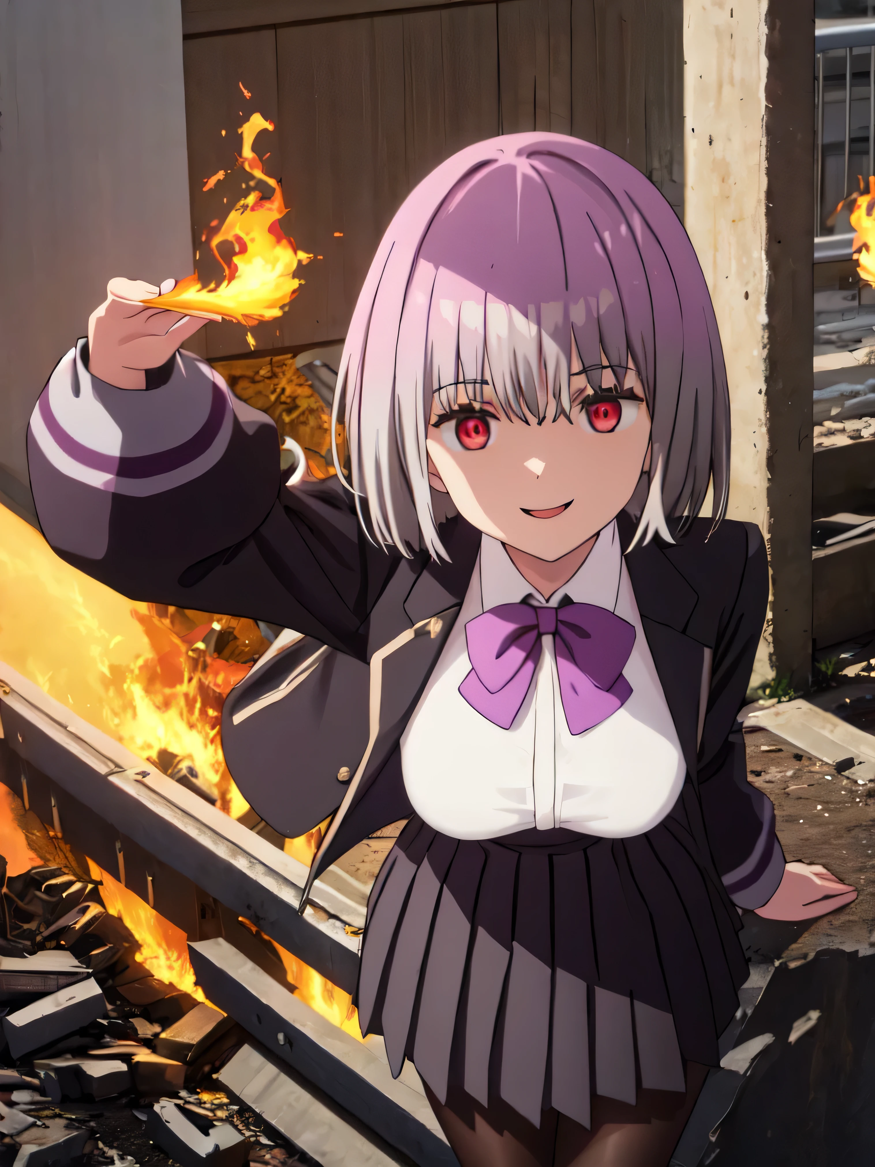 male, short hair, Red eyes, Large Breasts, Purple bow tie, Collared shirt, White shirt, Purple Jacket, Partially defrosted, Long sleeve, Sleeves are longer than the wrist, Pleated skirt, Black Skirt,Black Pantyhose,  Waist clothes, night, dark, , Shine, Backlight, Open your mouth, Leaning forward, , , , masterpiece, Highest quality, High resolution, Nice hands, Perfect hands, Cowboy Shot,Too evil smile,Smile is the worst,Looking down at the viewer,Smile at its worst,Dark shadowed face,Smile face,Big Monster Background,both hands,Five Fingers,Two legs,, Dark shadowed face,Sadistic smile,Malice,Contempt,smile,both hands,Two legs,Five Fingers,solo,Standing on the rubble,Burning cityscape,