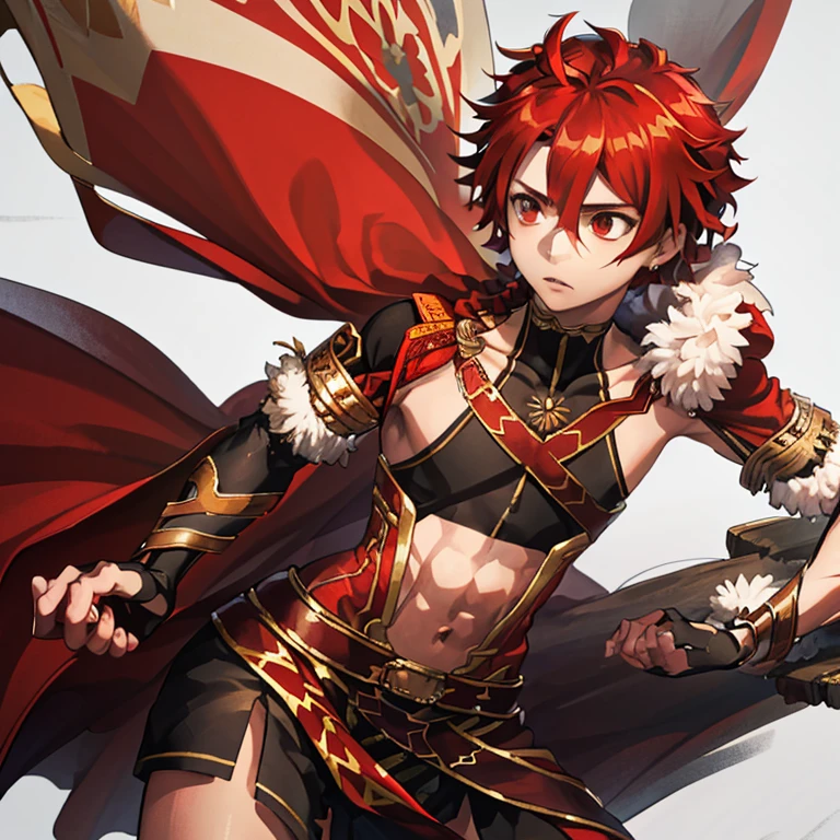 alexanderfgo, 1boy, Masterpiece, Best quality, Realistic,  Macedonian boy, very very handsome, perfect face, cute face, fur-trimmed cape, crop top, fighting, looking at viewers, battlefield, soft light, front view, Professional photography, exquisite detailing, Highres, 8K UHD,