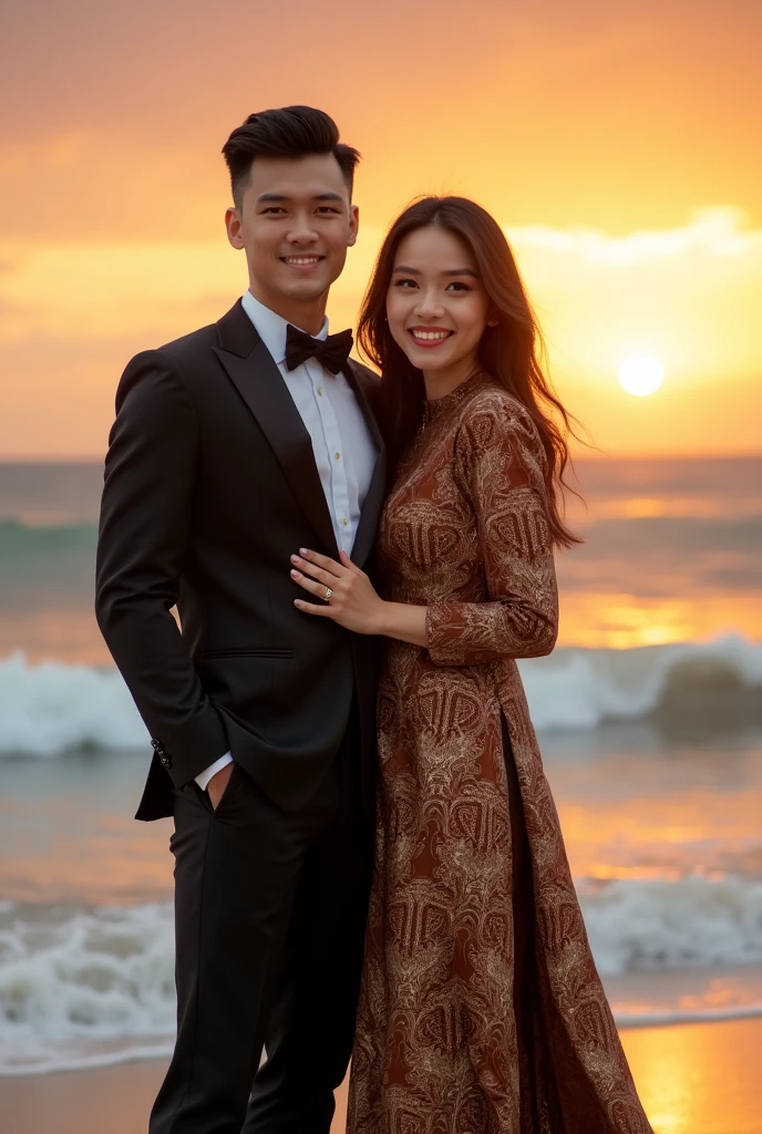 A modern photo of a Korean man standing next to a Korean woman, both facing forward and looking at the camera.、Men in tuxedos、She is in a wedding dress、The background is a beautiful beach with a sunset.