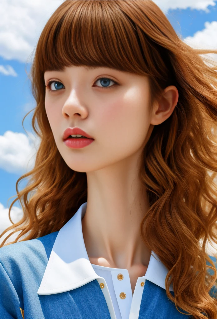 ((SFW:1.1)), full body angle, best illustration, cartoon, masterpiece, realistic girl, beautiful and delicate eyes, slip crop top, luxury coat, (realistic:1.4), (best quality:1.0), (morning:1.0), 8K, RAW photo, (masterpiece:0.2), (1 woman_detailed skin, looking at viewer, blue eyes), (blonde perm long hair, flowing bangs:1.2), (big breasts:1.0), (big areolas:0.8), (pure, pure face_v1:0.5), blue sky, white clouds, breeze, high resolution masterpiece with high saturation,