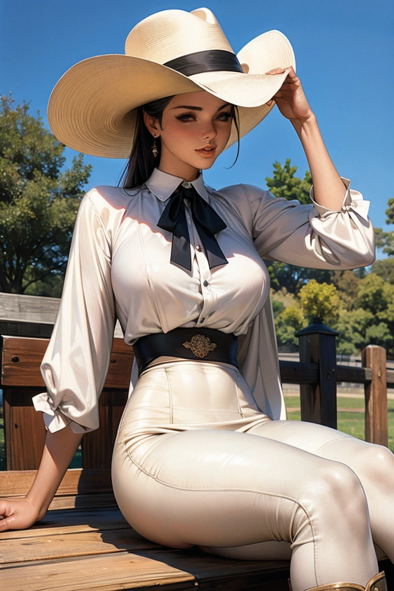 The pinup image depicts a woman in a cowboy attire sitting on a wooden fence. She wears a white blouse a black skirt red boots and a wide-brimmed hat. The background is painted with light blue and white hues giving a sense of a clear sky. The woman's pose is relaxed. The overall composition is vibrant and captures the essence of a sunny day in the countryside.
