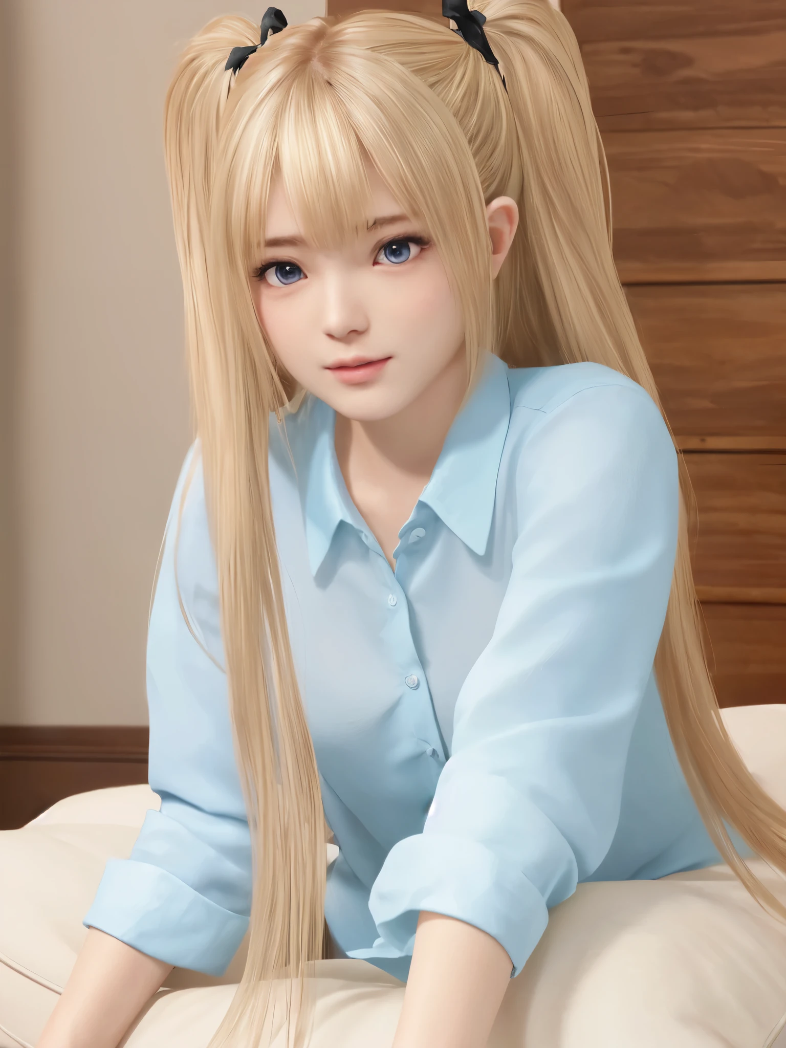 ((((masterpiece、Highest quality、High resolution、High precision)、anime)))、Golden Hair、Beautiful breasts、(Dynamic pose)、looking at the camera、(Beautiful detailed face、Beautiful big eyes)、((One beautiful woman))、((Embarrassed face))、Red cheeks、(((Blushing with a bitchy expression)))、Lie on a futon in a Japanese-style room、Light from below、Blue Eyes、Twin tails、Small breasts、Wear a cutter shirt