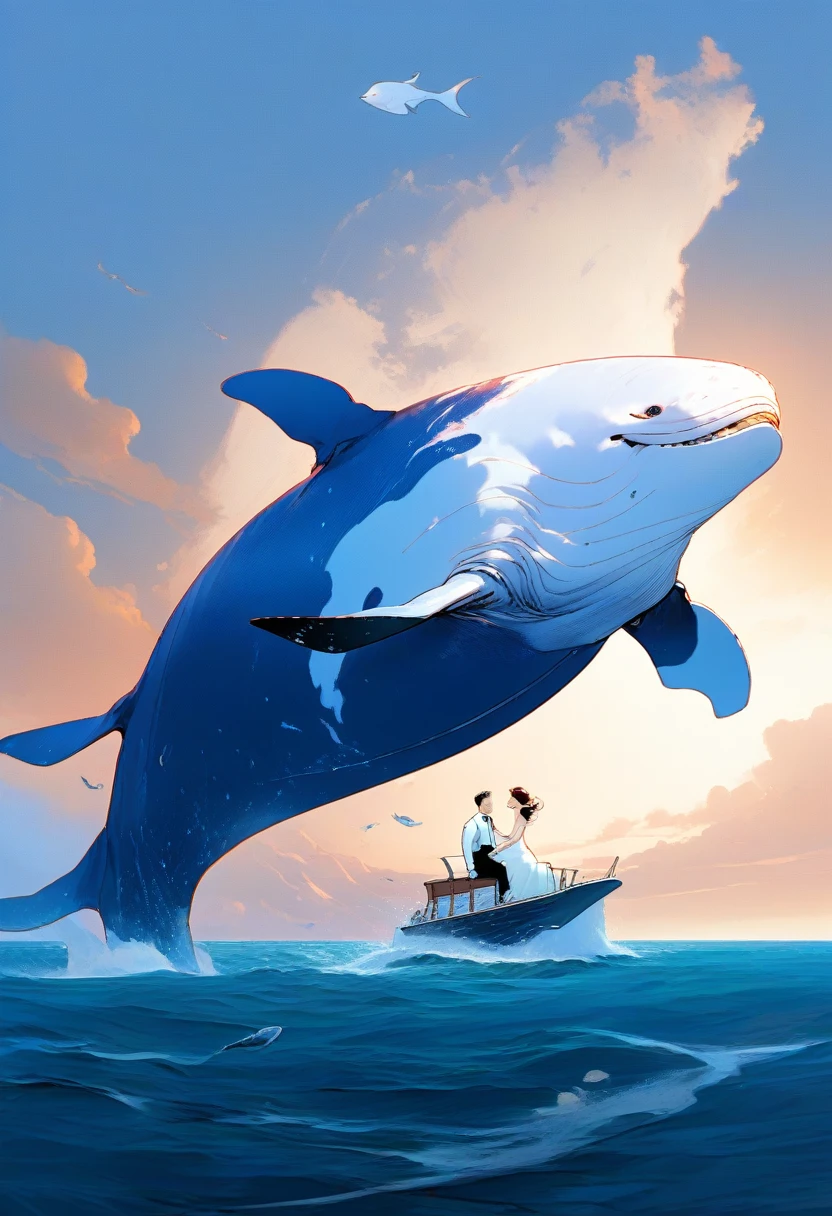 (여자 1명:1.3),A bride in a wedding dress and a groom in a tuxedo are riding a giant whale, which is ten times larger than usual, as if they were riding a horse, traveling together across the ocean. The scene is romantic and whimsical, with the couple sitting on the massive whale as they embark on their magical journey. The vast ocean surrounds them, and the sky is clear with a soft sunset glow., 아리아_동화,환상적인 세계,해저 별이 빛나는 하늘, 