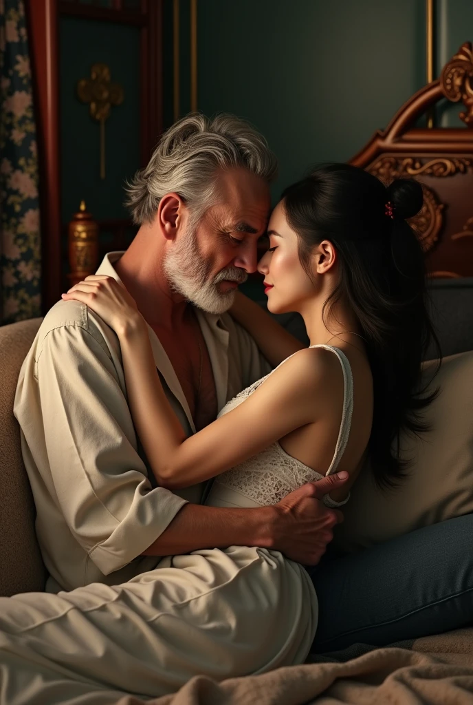 illustrates the queen sleeping with a 60 year old bare chested king