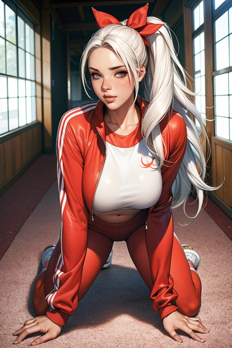 score_9, score_8_up, score_7_up, score_6_up, source_anime, 1girl, solo dxdRos, white hair, antenna hair, very long hair, cyan eyes, hair ribbon, red track jacket, track pants, red pants, looking at you, large breasts, all fours, looking at you, wavy mouth, blush, sneakers, hallway
