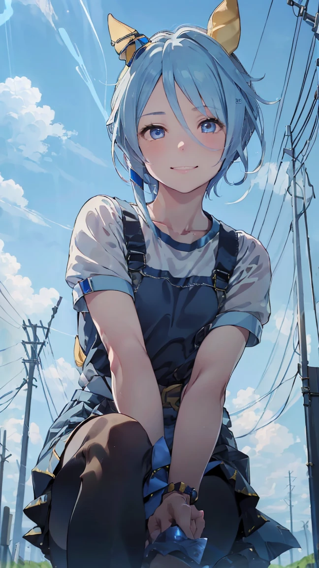 masterpiece, Highest quality, High resolution, Very detailed,(((KIES Miracle))), (((smile)))、(((Sitting far away))), (((blue sky))), (((electric wire))), (((Electric pole))), (((One girl))), (((solo))), , (((short hair))), (((Blue Hair))), (((horse ear))), (((Horse tail))), (((blue eyes)))