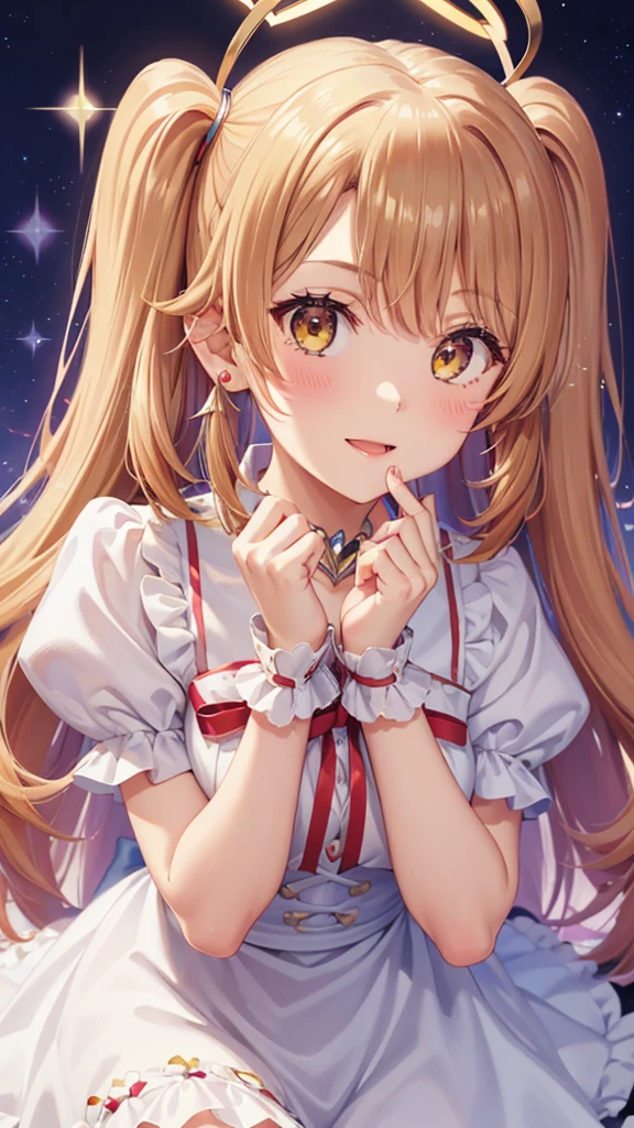 One girl, Twin tails, accessories, Earrings, accurate, chest, happiness/joy, Bright Eyes, Simple Background, Sparkle Effect, stereofuturism, 
fortune teller、Angel Halo, Long Hair, ,Heart-shaped eyes, star、Gaze, 