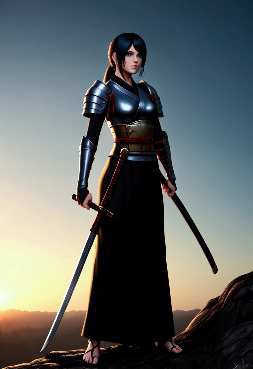 a beautiful girl in samurai armor, striking a pose on a cliff, long black ponytail hair, piercing blue eyes, detailed realistic face, holding a katana sword, dramatic realistic background scenery, stunning realistic sky, Animerealistic, (best quality,4k,8k,highres,masterpiece:1.2),ultra-detailed,(realistic,Animerealistic,Anime-realistic:0.37),highly detailed,dramatic lighting,intricate details,cinematic,epic,breathtaking,vivid colors,dramatic contrast