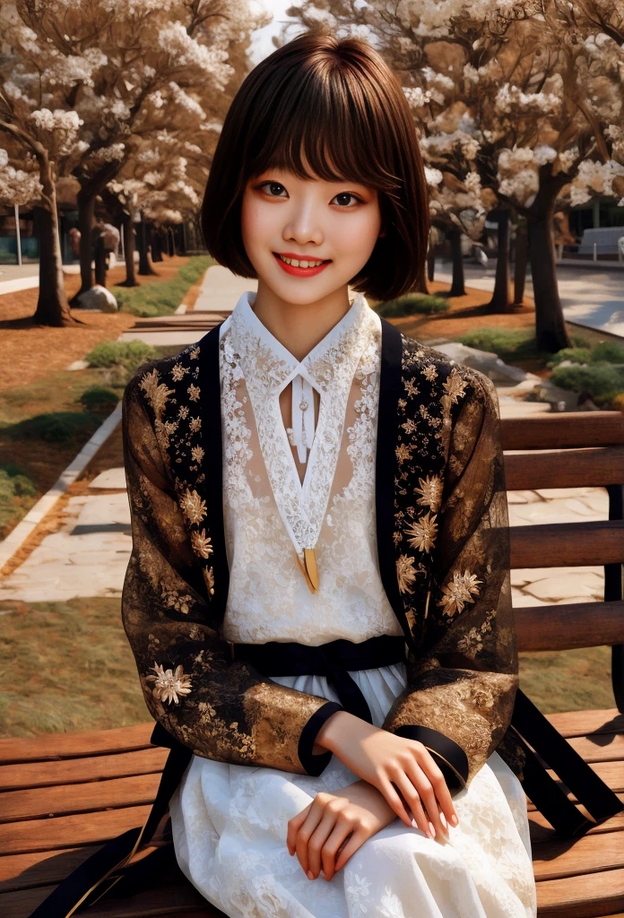 sunny day, Elegant photo of girl wearing blazer dress, (puffy eyes:1.05), (white lace shirt), Platinum brown hair, (angled bob:1.4), flat bangs, (flowing hair), Smile a little, happiness하다, happiness, high detailed skin, skin pores, A surprisingly innocent symmetrical face, long eyelashes, black eyeliner, Bright golden eyeshadow,(sitting on bench), cross_leg, emotional, wind, park, tree, grass, masterpiece, best quality, realistic,