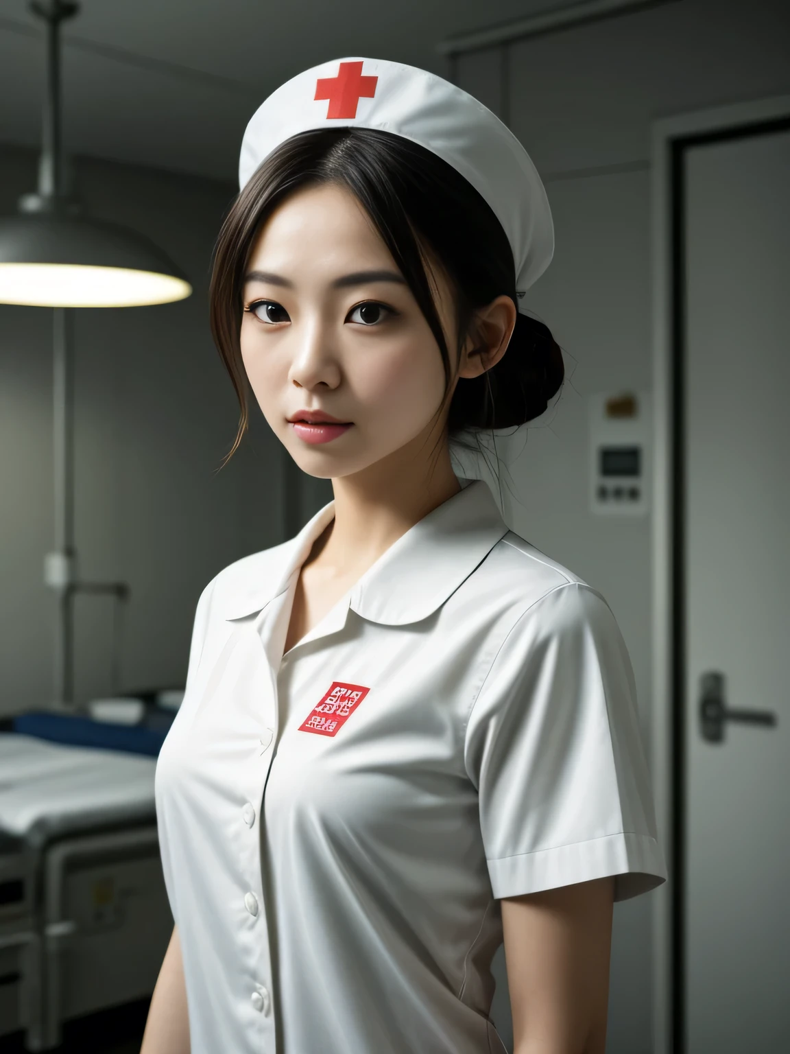 a beautiful young japanese female nurse, white short sleeve nurse uniform, nurse cap, standing at the nurse station in a modern hospital, intricate details, hyper realistic, photorealistic, 8k, award winning, cinematic lighting, warm color tones, dramatic shadows, elegant pose, serene expression, detailed facial features, beautiful eyes, delicate lips, slim figure, clean and crisp, ambient occlusion, realistic textures, depth of field, seamless composition, vibrant colors, masterpiece