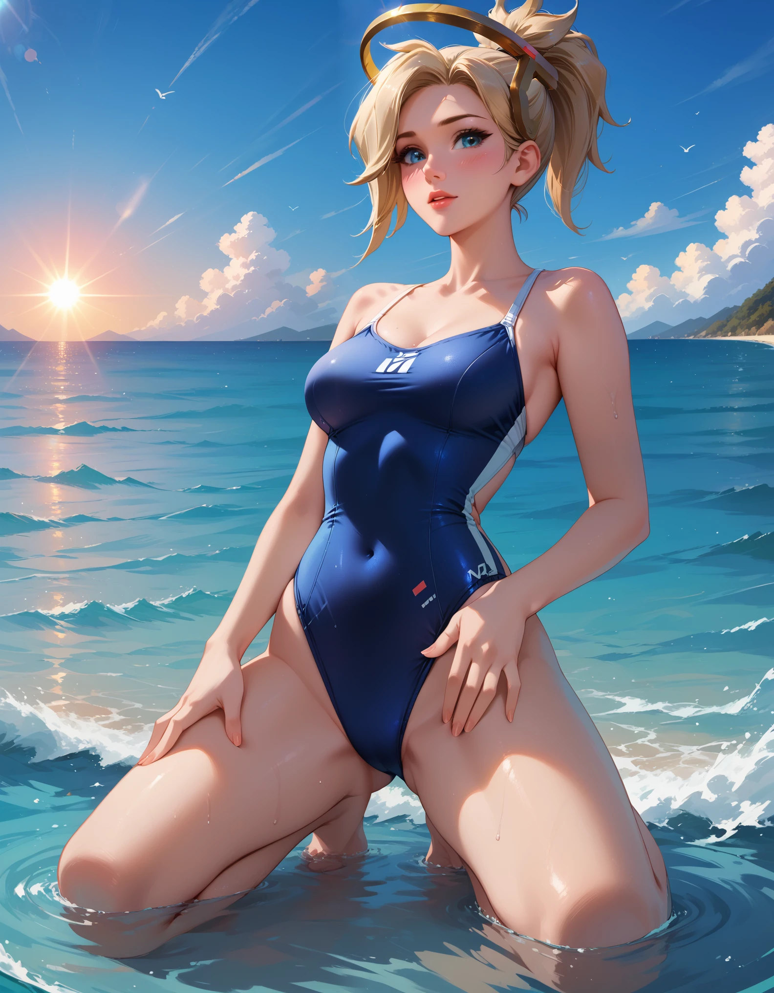 score_9, score_8_up, score_7_up, score_6_up, cinematic film still, solo, 1girl, BREAK mrcy, short hair, high ponytail, halo, cute swimsuit, beach, kneeling in shallow water, submerged, legs apart, hands on thighs, model poses, blush, beautiful scene, sunrise, lens flare, highly detailed, detailed face, absurdres, 4k, masterpiece, best quality, low angle.