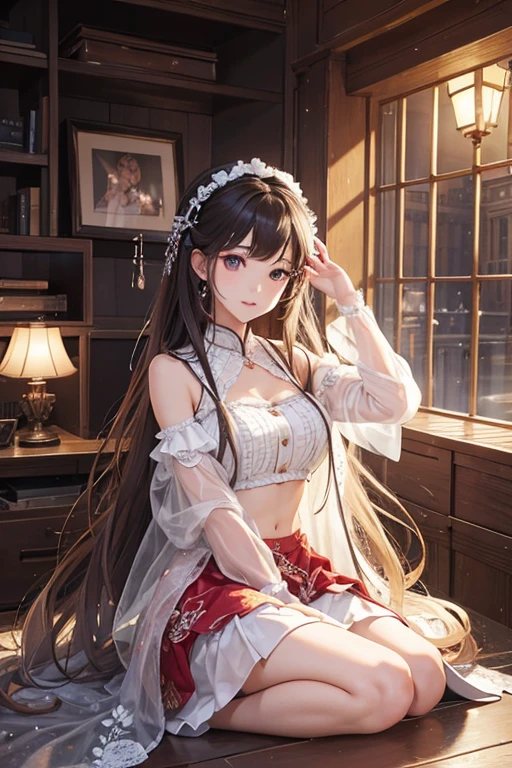 kurohime yuhi, (masterpiece:1.2), (Best quality at best:1.2), perfect  eyes, s the perfect face, 1 Girl, Alone, Straight hair，full body view, hi-res, 8K, Best Quality, large breast，beautiful girl，Beautiful face、dark brown haired、small brown eyes、Long Hair、18 years old，sexy pose，wedding dress，lawn，breast half exposed