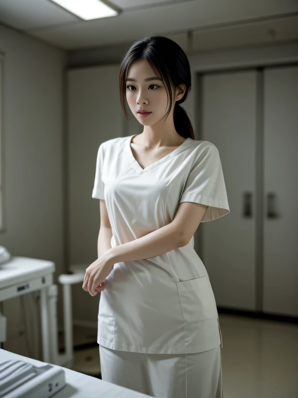 a beautiful young japanese female nurse, white short sleeve nurse uniform, nurse cap, standing at the nurse station in a modern hospital,full body, intricate details, hyper realistic, photorealistic, 8k, award winning, cinematic lighting, warm color tones, dramatic shadows, elegant pose, serene expression, detailed facial features, beautiful eyes, delicate lips, slim figure, clean and crisp, ambient occlusion, realistic textures, depth of field, seamless composition, vibrant colors, masterpiece