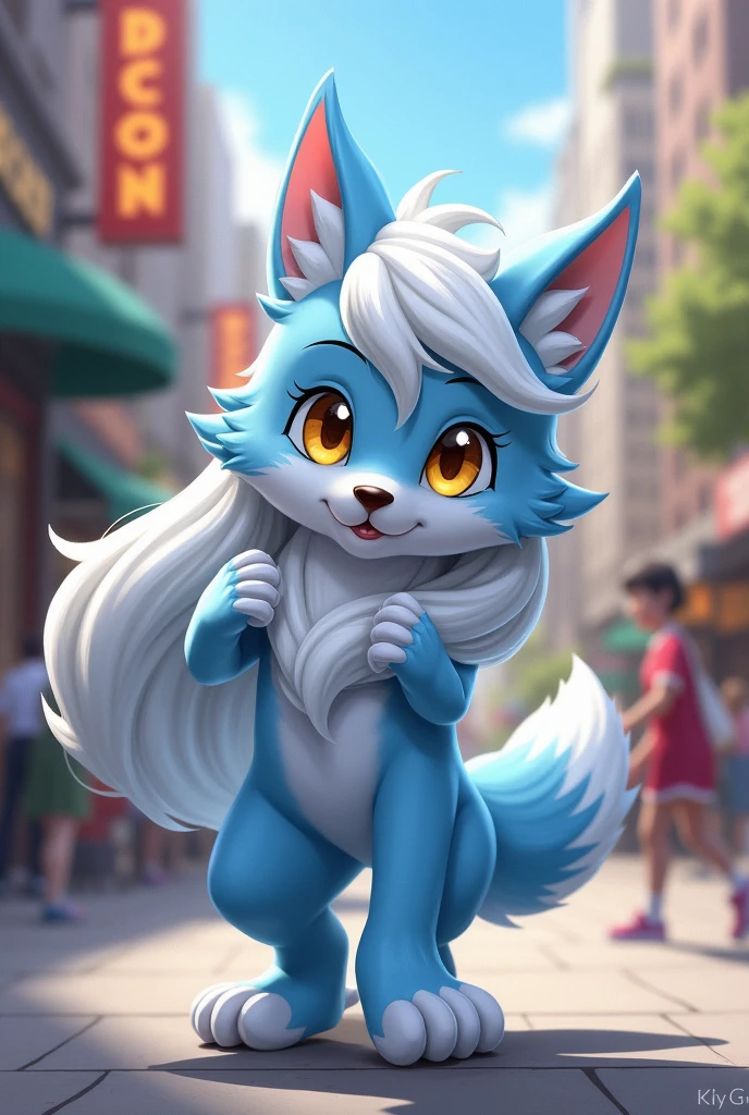 Light blue fur furry protogen anthropomorphic wolf protogen ，long white hair，City，golden pupils，Handsome，Have a better figure，Say hello by chance，Cai Xukun's, 